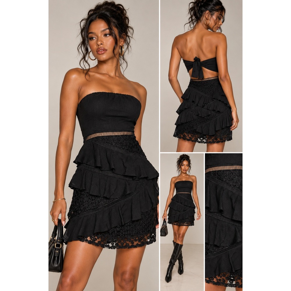 Saints + Secrets Black Ruffle Lace Strapless Cutout Dress Size Small Y2K Goth